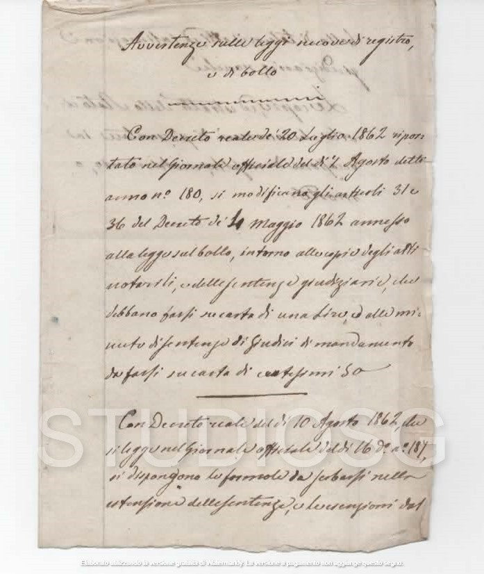 1862 MANOSCRITTO AVVERTENZE SULLE LEGGI NUOVE DI REGISTRO E DI BOLLO