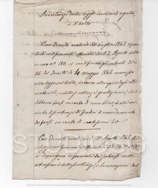 1862 MANOSCRITTO AVVERTENZE SULLE LEGGI NUOVE DI REGISTRO E DI BOLLO