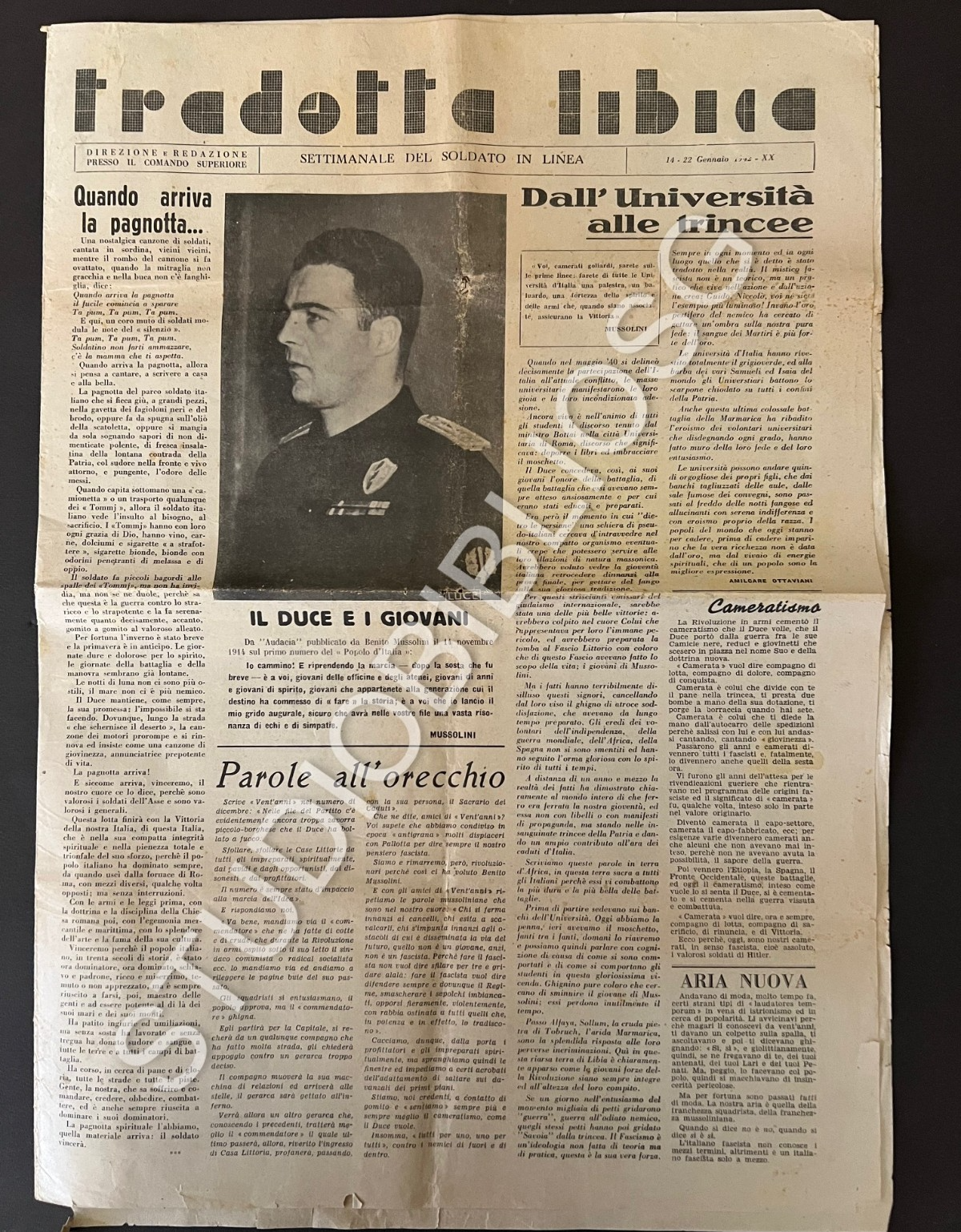 TRADOTTA LIBICA SETTIMANALE DEL SOLDATO IN LINEA GENNAIO 1942 MUSSOLINI COLONIE