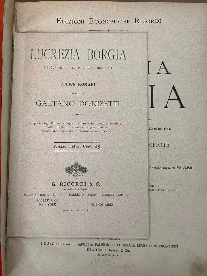 SPARTITO DONIZETTI LUCREZIA BORGIA OPERA COMPLETA CANTO PIANOFORTE RICORDI 1906