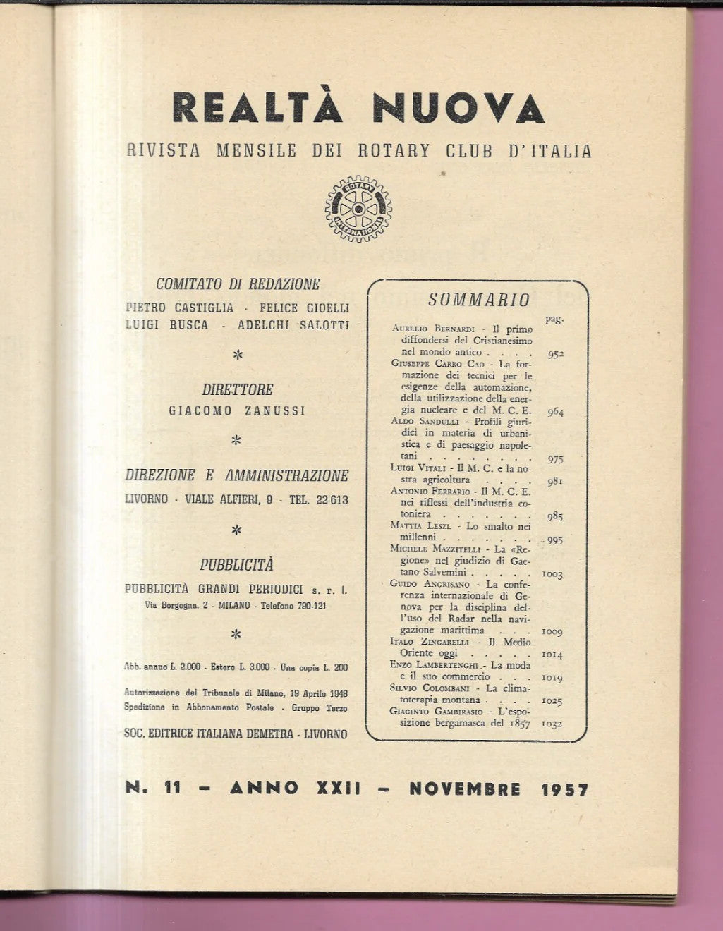 ROTARY INTERNATIONAL REALTA' NUOVA NUMERO 11 1957 RIVISTA MENSILE ROTARY CLUB IT
