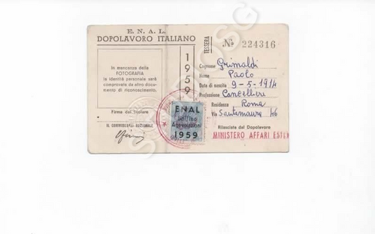 TESSERA DOPOLAVORO ENAL MINISTERO AFFARI ESTERI 1959 BOLLINO