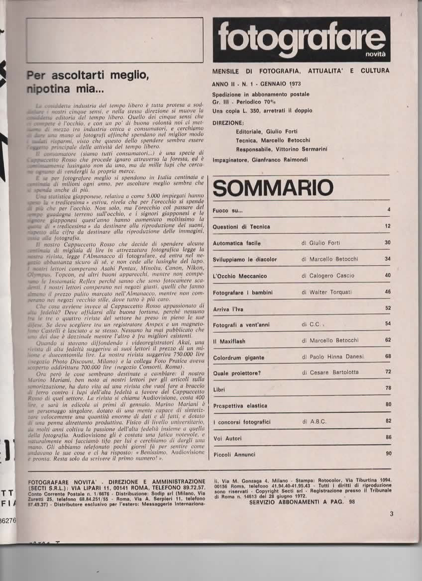 RIVISTA FOTOGRAFARE ANNO II N 1 GENNAIO 1973 - TEST  YASHICA AX ELETTRONICA