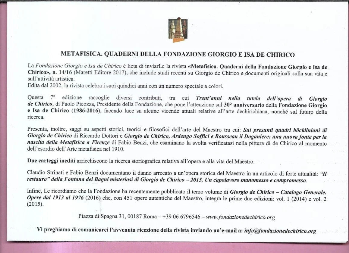 METAFISICA N. 14/16 DEL 2016 FONDAZIONE DE CHIRICO NUMERO SPECIALE A COLORI