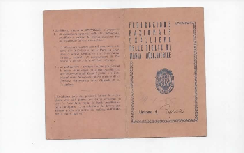 TESSERA FEDERZIONE NAZIONALE EX ALLIEVE FIGLIE MARIA AUSILIATRICE 1962 BOLLINO