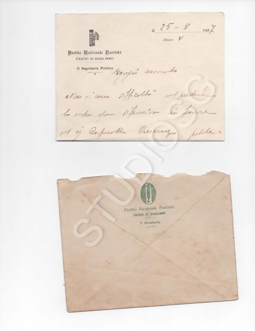 PARTITO NAZIONALE FASCISTA PNF GIUGLIANO IN CAMPANIA LETTERA + BUSTA