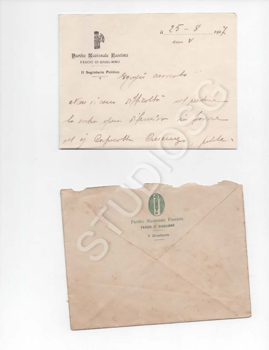 PARTITO NAZIONALE FASCISTA PNF GIUGLIANO IN CAMPANIA LETTERA + BUSTA