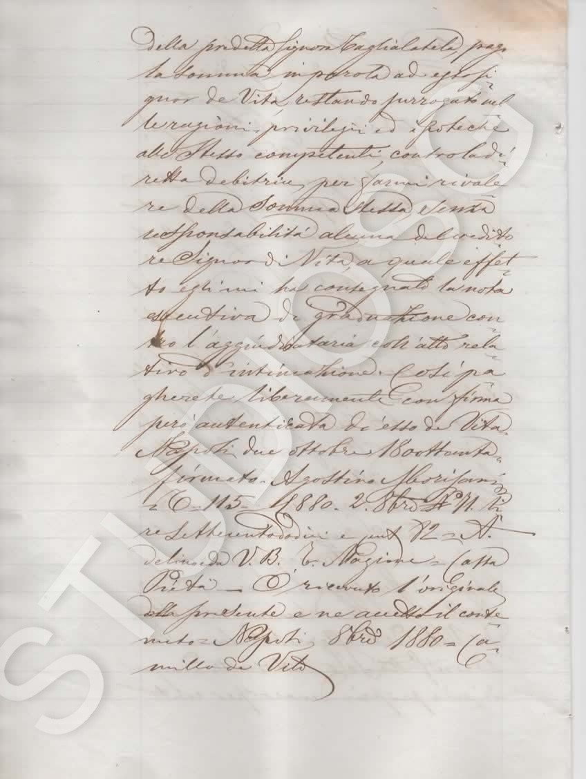 1880 NAPOLI BANCO DEL DENARO LIBERO IN MADRE E FEDE CASSA PIETA' LIRE 712