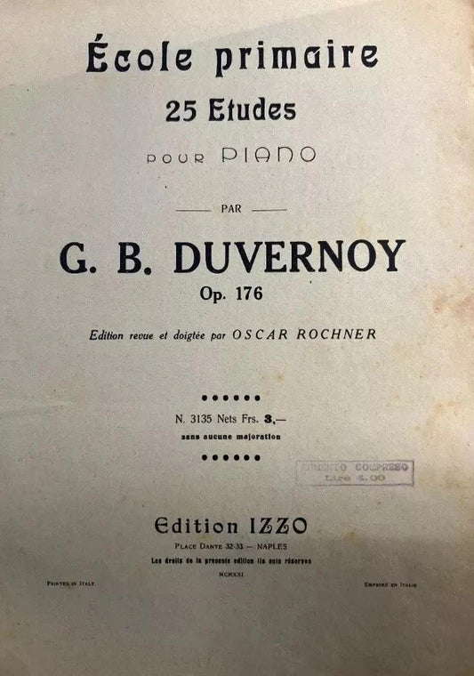SPARTITO ECOLE PRIMAIRE POUR PIANO 25 ETUDE OP. 176 Duvernoy, 1921 IZZO NAPOLI