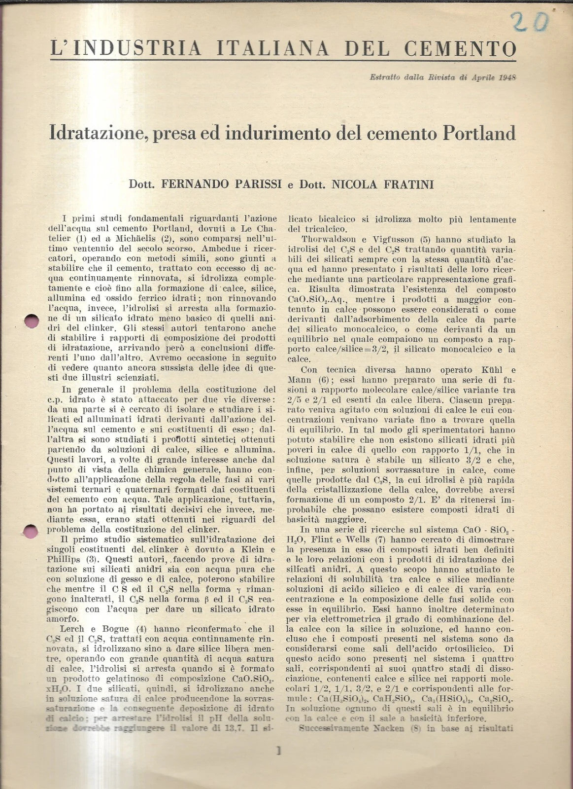 IDRATAZIONE, PRESA ED INDURIMENTO DEL CEMENTO PORTLAND 1948 INGEGNERIA