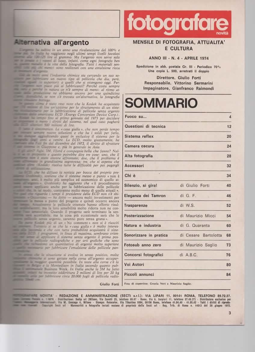RIVISTA FOTOGRAFARE ANNO III N 4 aprile 1974 - SISTEMA REFLEX