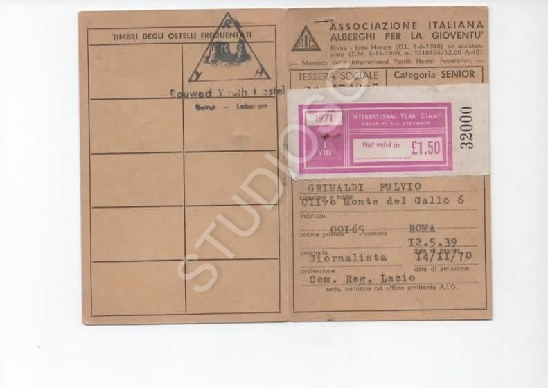 1971 TESSERA ASSOCIAZIONE ITALIANA ALBERGHI PER LA GIOVENTU' GIORNALISTA BEIRUT