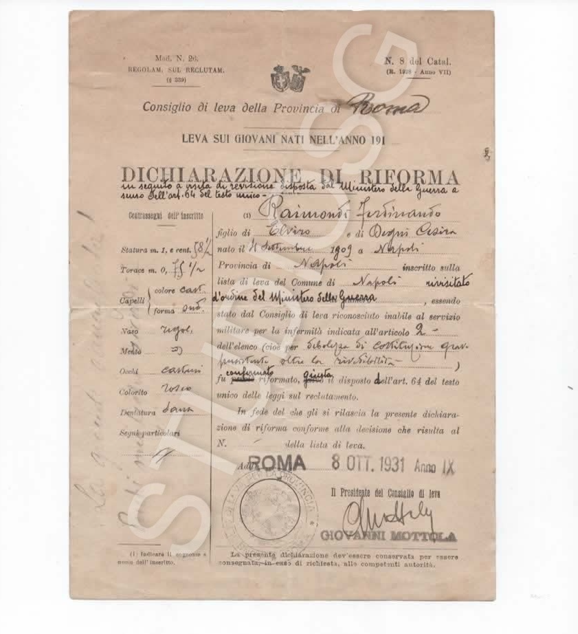 ROMA REGIO ESERCITO ITALIANO 1931 CONSIGLIO DI LEVA DICHIARAZIONE DI RIFORMA