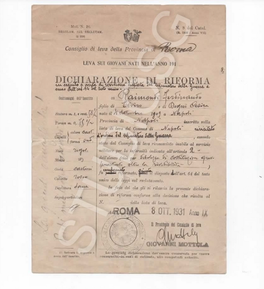 ROMA REGIO ESERCITO ITALIANO 1931 CONSIGLIO DI LEVA DICHIARAZIONE DI RIFORMA