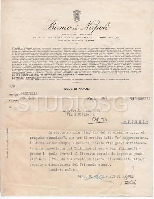 1939 BANCO DI NAPOLI LETTERA CARTA INTESTATA ALL' AVVOCATO L. CARMIGNANI PARMA