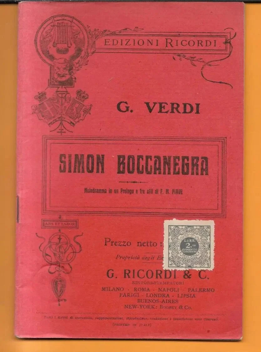 LIBRETTO D'OPERA SIMON BOCCANEGRA GIUSEPPE VERDI F. M. PIAVE 1910 G. RICORDI & C