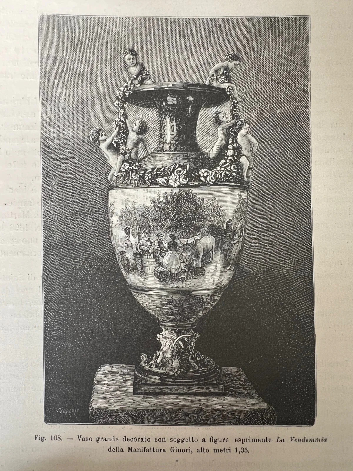 STAMPA 1886 MANIFATTURA GINORI VASO GRANDE CON SOGGETTI A FIGURE LA VENDEMMIA