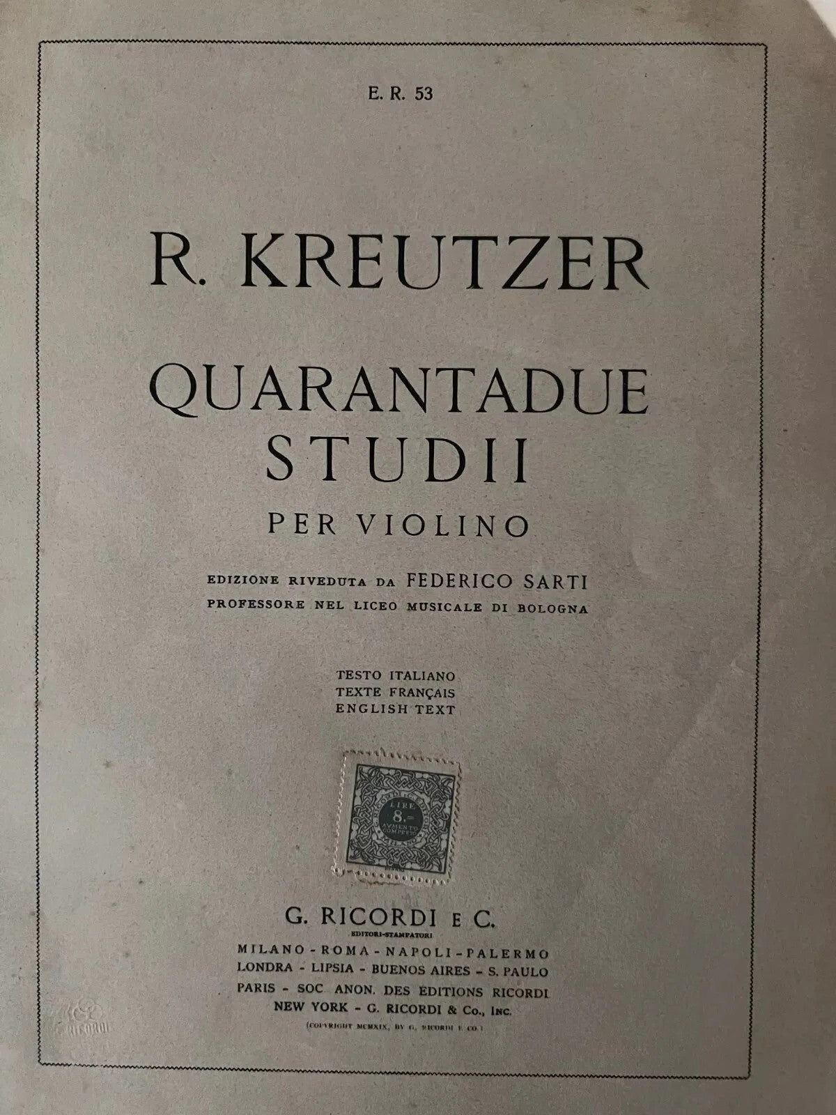 SPARTITO R. KREUTZER 42 STUDII PER VIOLINO EDIZIONI RICORDI PRIMI '900