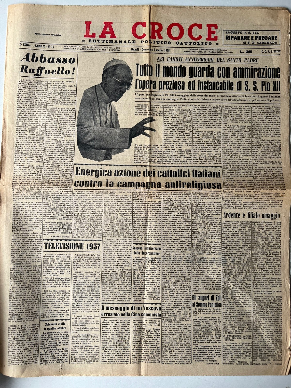 LA CROCE SETTIMANALE POLITICO CATTOLICO 9 MARZO 1958 PAPA PIO XII