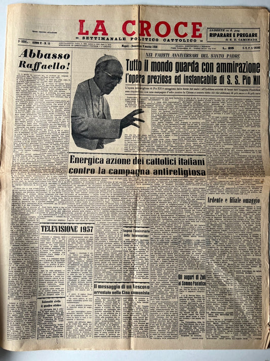 LA CROCE SETTIMANALE POLITICO CATTOLICO 9 MARZO 1958 PAPA PIO XII