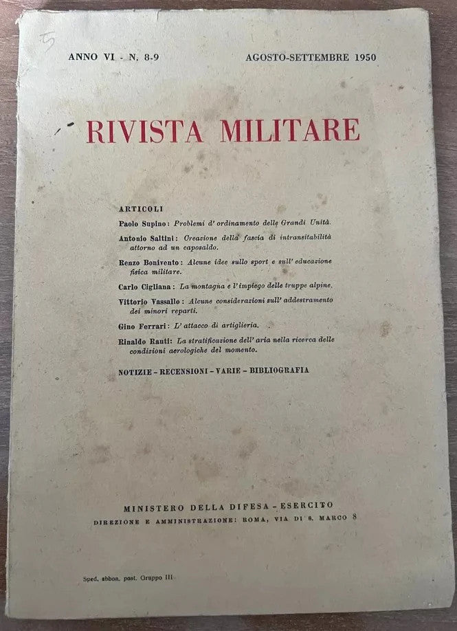 RIVISTA MILITARE ANNO VI N. 8-9, 1950 MINISTERO DELLA DIFESA PUBBLICITA' ALPINI