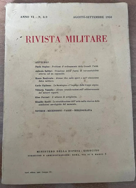 RIVISTA MILITARE ANNO VI N. 8-9, 1950 MINISTERO DELLA DIFESA PUBBLICITA' ALPINI