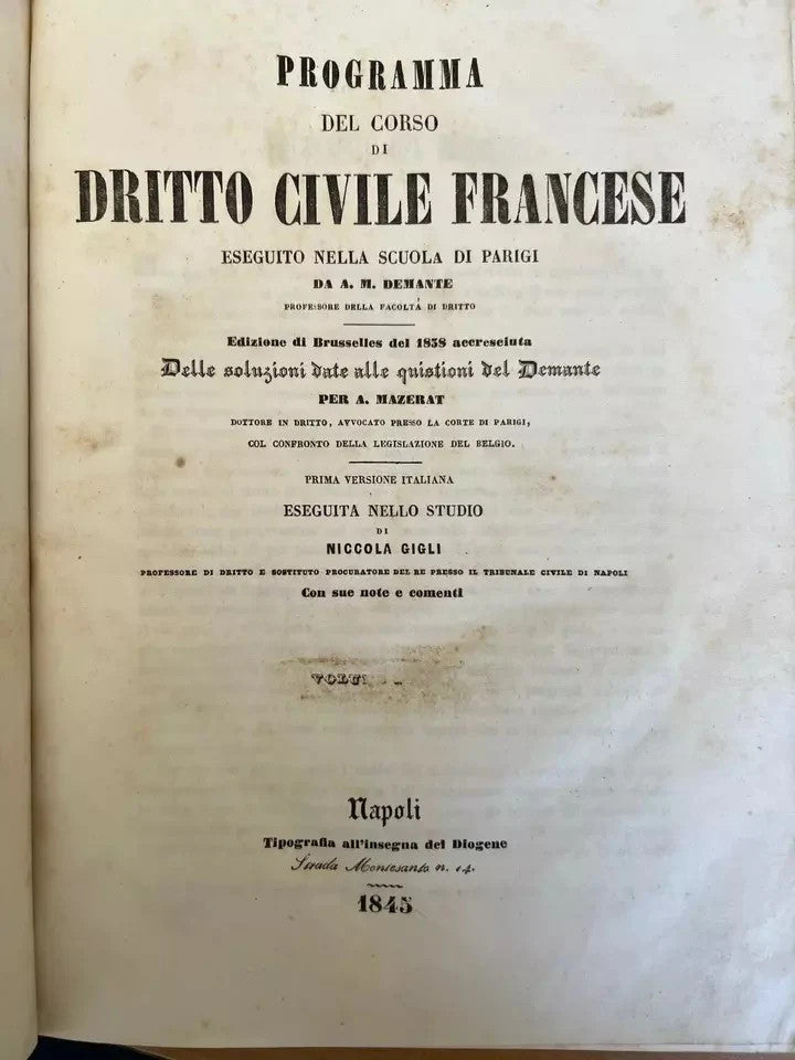 1845 Programma del Corso di Diritto Civile Francese di A. M. Demante Napoli