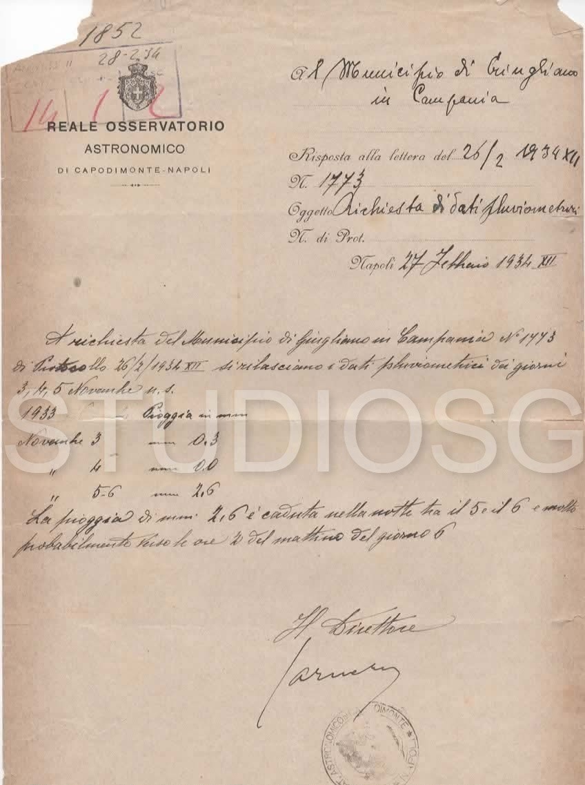 1934 REALE OSSERVATORIO ASTRONOMICO DI CAPODIMONTE NAPOLI DATI PLUVIOMETRICI