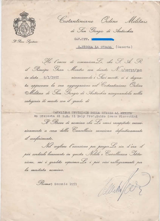 COSTANTINIANO ORDINE MILITARE DI SAN GIORGIO DI ANTIOCHIA LETTERA NOMINA CAVALIE