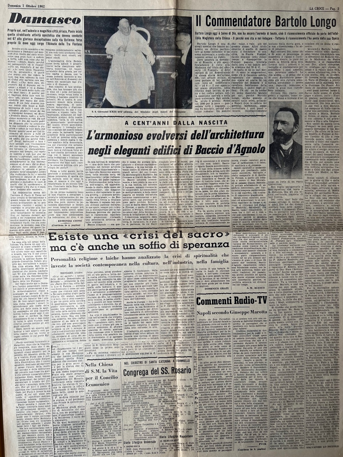 LA CROCE SETTIMANALE POLITICO CATTOLICO 1962 MADONNA I POMPEI BARTOLO LONGO