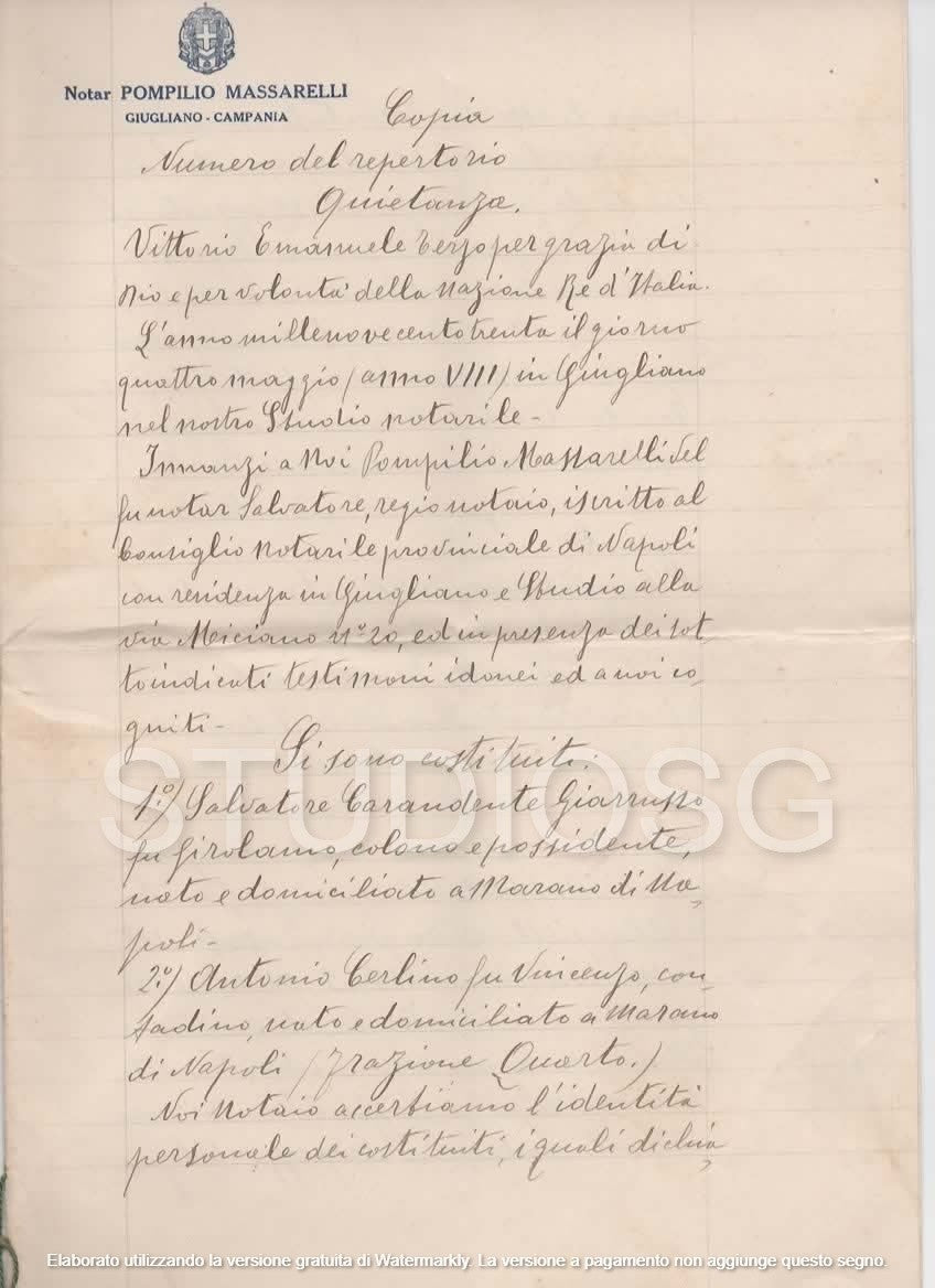 MANOSCRITTO 1930 NOTAR POMPILIO MASSARELLI GIUGLIANO CAMPANIA QUIETANZA 8 PAGINE