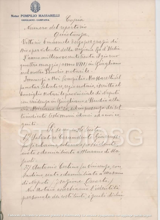 MANOSCRITTO 1930 NOTAR POMPILIO MASSARELLI GIUGLIANO CAMPANIA QUIETANZA 8 PAGINE