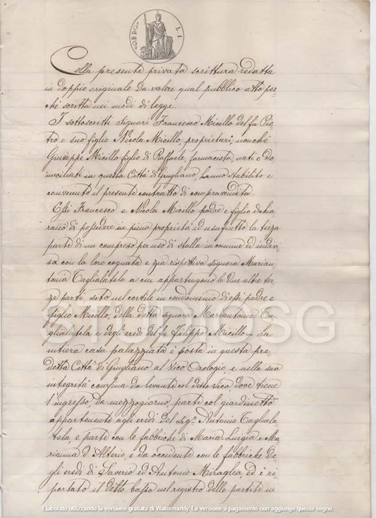 MANOSCRITTO 1879 GIUGLIANO IN CAMPANIA NAPOLI ATTO DI VENDITA FABBRICATO