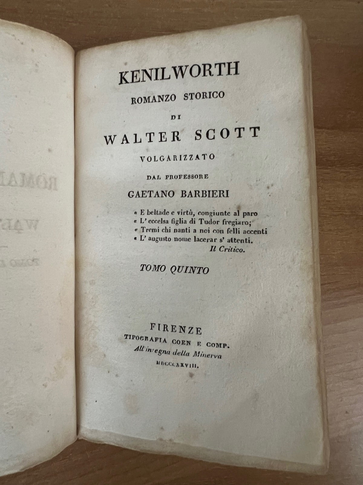 KENILWORTH ROMANZO STORICO DI WALTER SCOTT - G. BARBIERI 1828 FIRENZE TIP. COEN