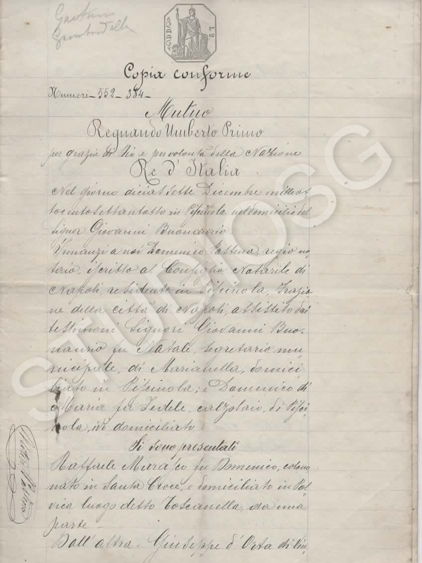 MANOSCRITTO 1878 MUTUO REGNANDO UMBERTO I , 8 PAGINE NAPOLI NOTAIO D. PASTENA