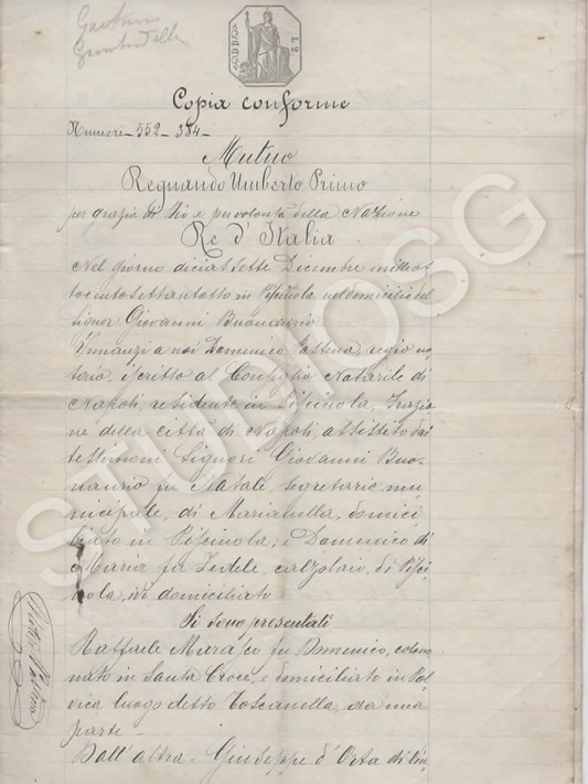 MANOSCRITTO 1878 MUTUO REGNANDO UMBERTO I , 8 PAGINE NAPOLI NOTAIO D. PASTENA