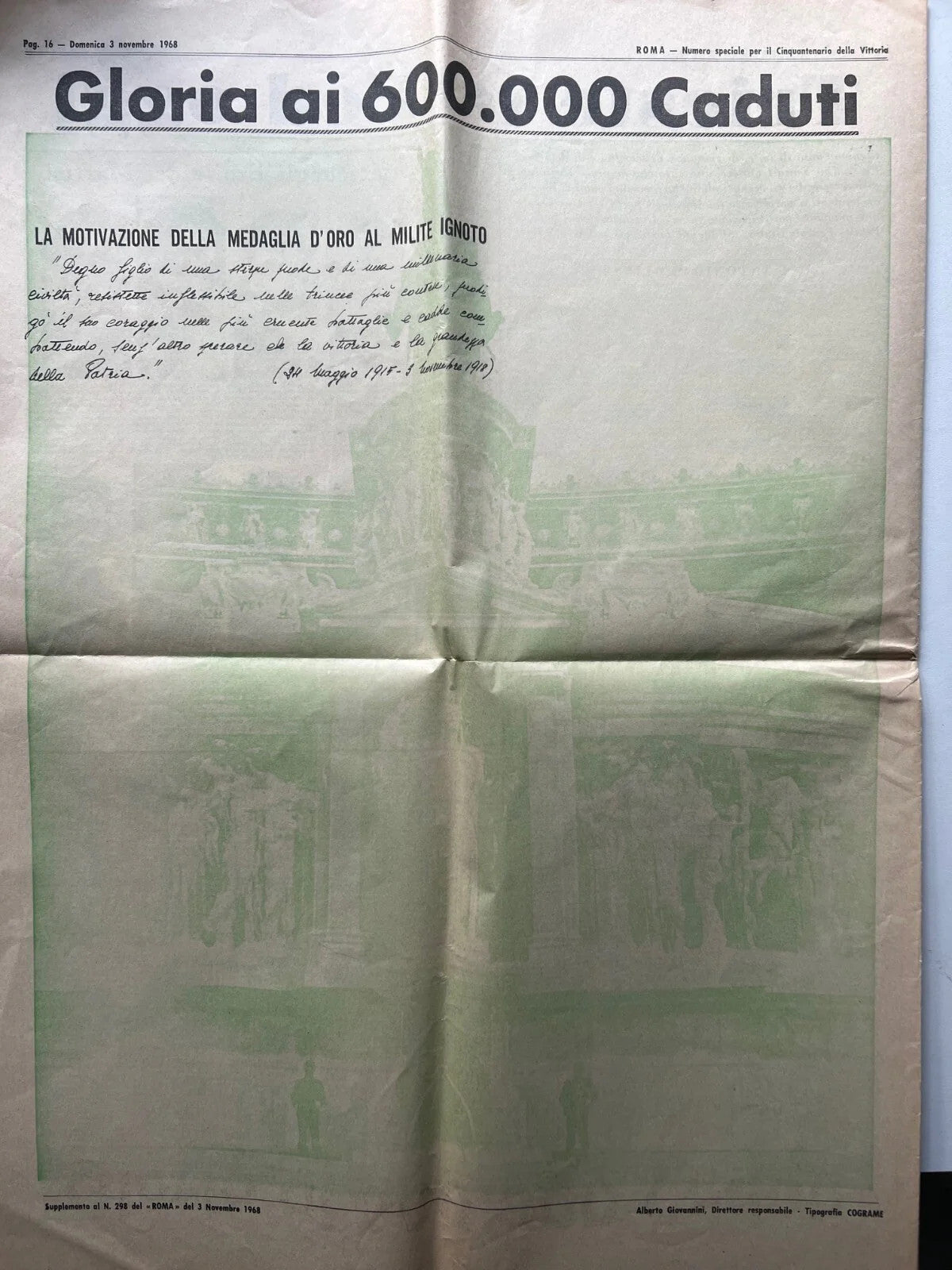 1918 - 1968 NUMERO SPECIALE PER IL CINQUANTENARIO DELLA VITTORIA QUOTIDIANO ROMA