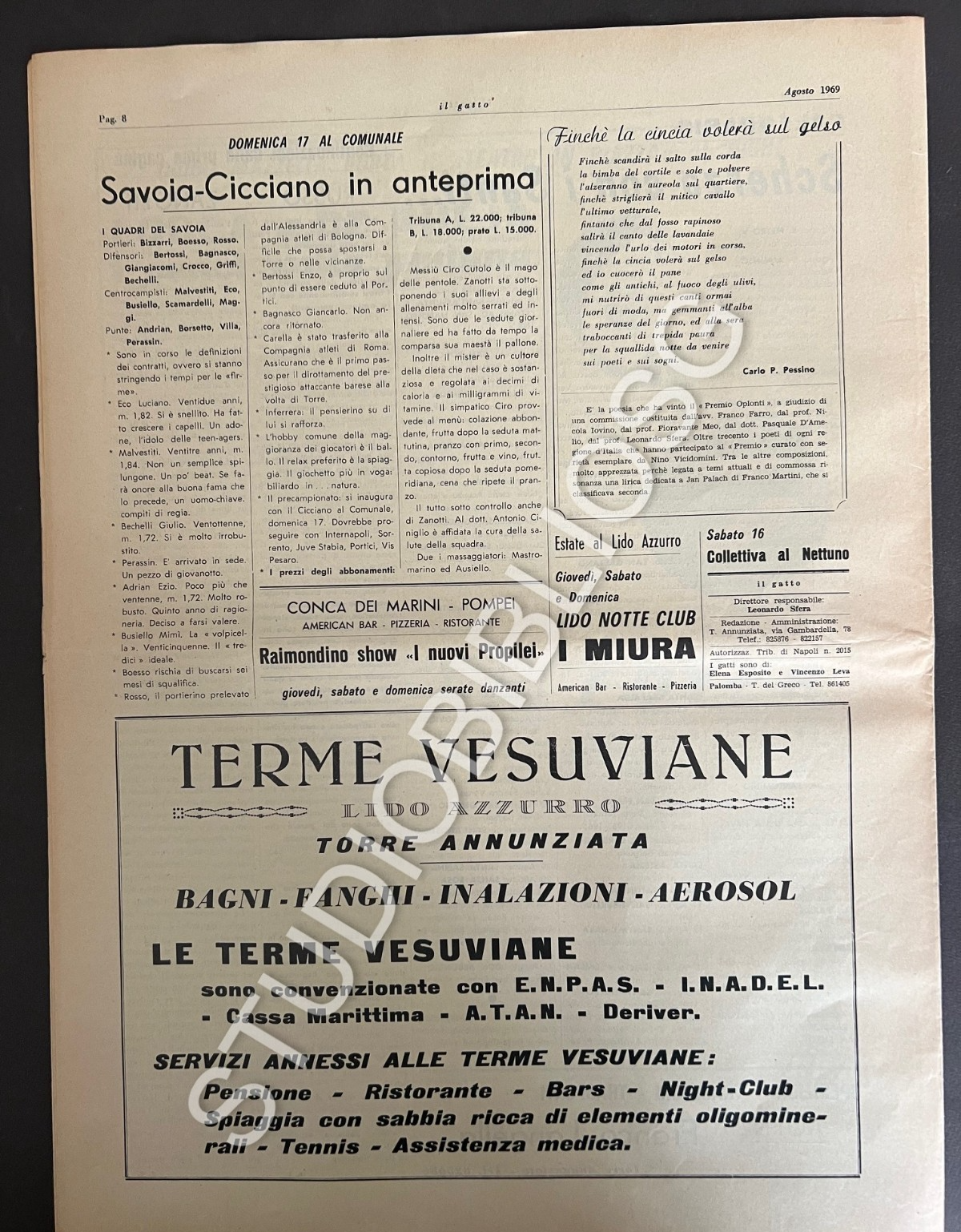TORRE ANNUNZIATA IL GATTO 1969 MENSILE ATTUALITA' SPORT CALCIO TURRIS SAVOIA