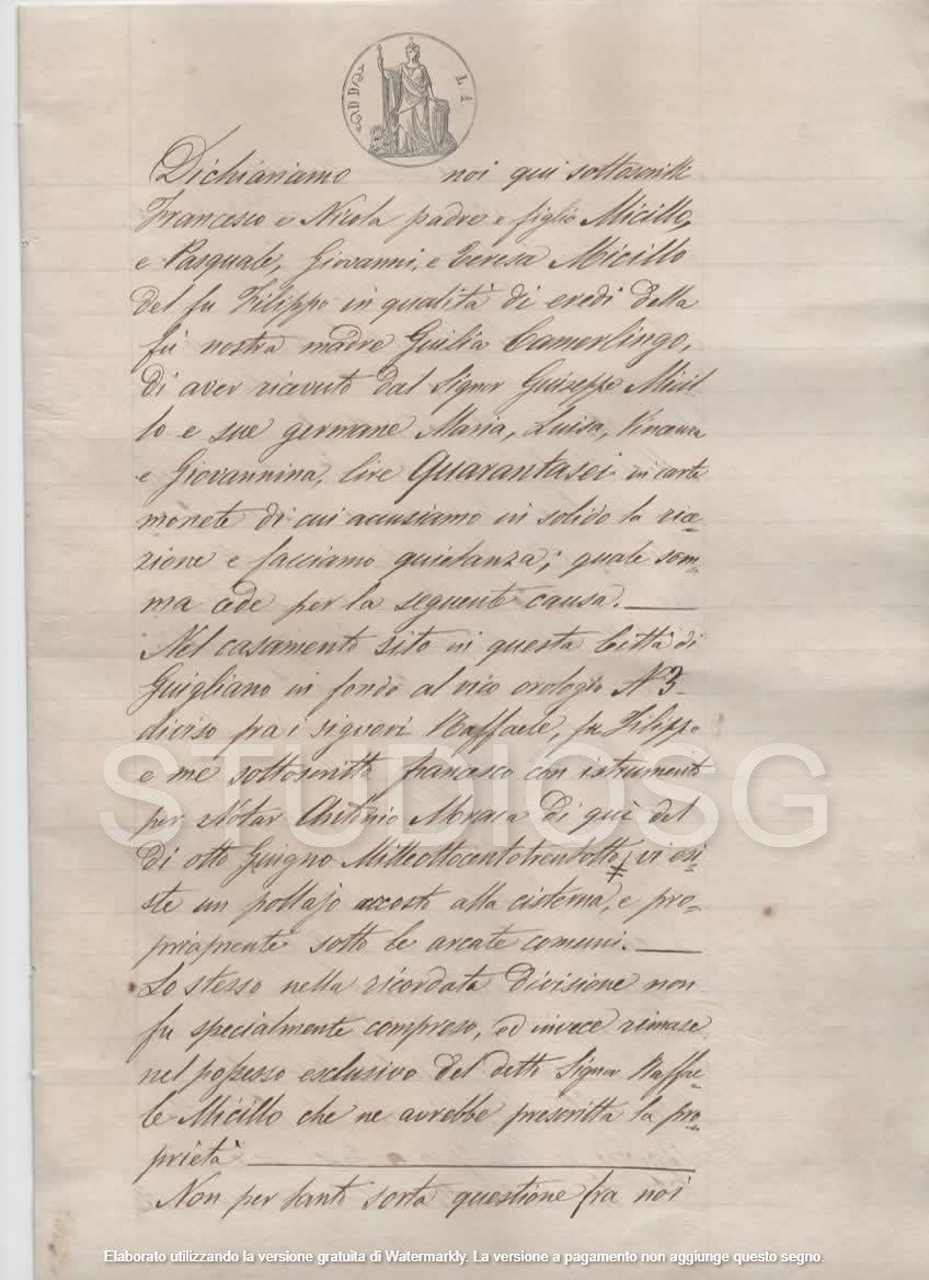 MANOSCRITTO 1884 GIUGLIANO IN CAMPANIA NAPOLI ATTO NOTARILE CON ALLEGATA VALUTAZ