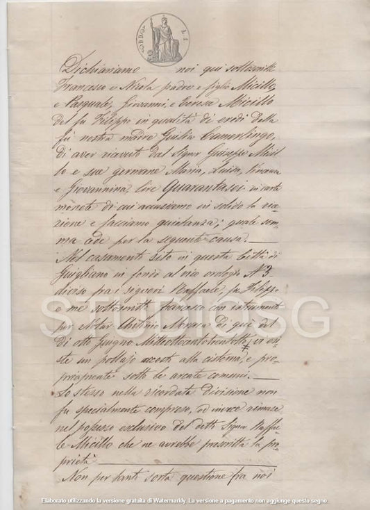 MANOSCRITTO 1884 GIUGLIANO IN CAMPANIA NAPOLI ATTO NOTARILE CON ALLEGATA VALUTAZ