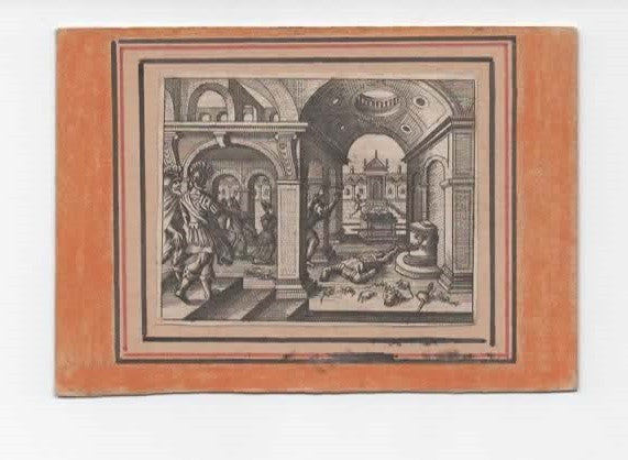 INCISIONE BIBLICA XVII SECOLO Arca dell'Alleanza Filistei Tempio di Dagon