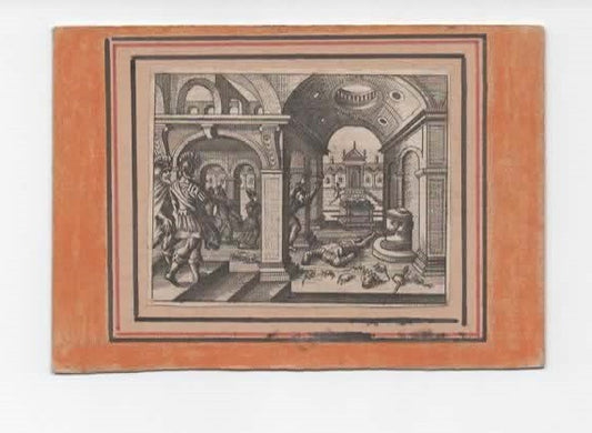 INCISIONE BIBLICA XVII SECOLO Arca dell'Alleanza Filistei Tempio di Dagon