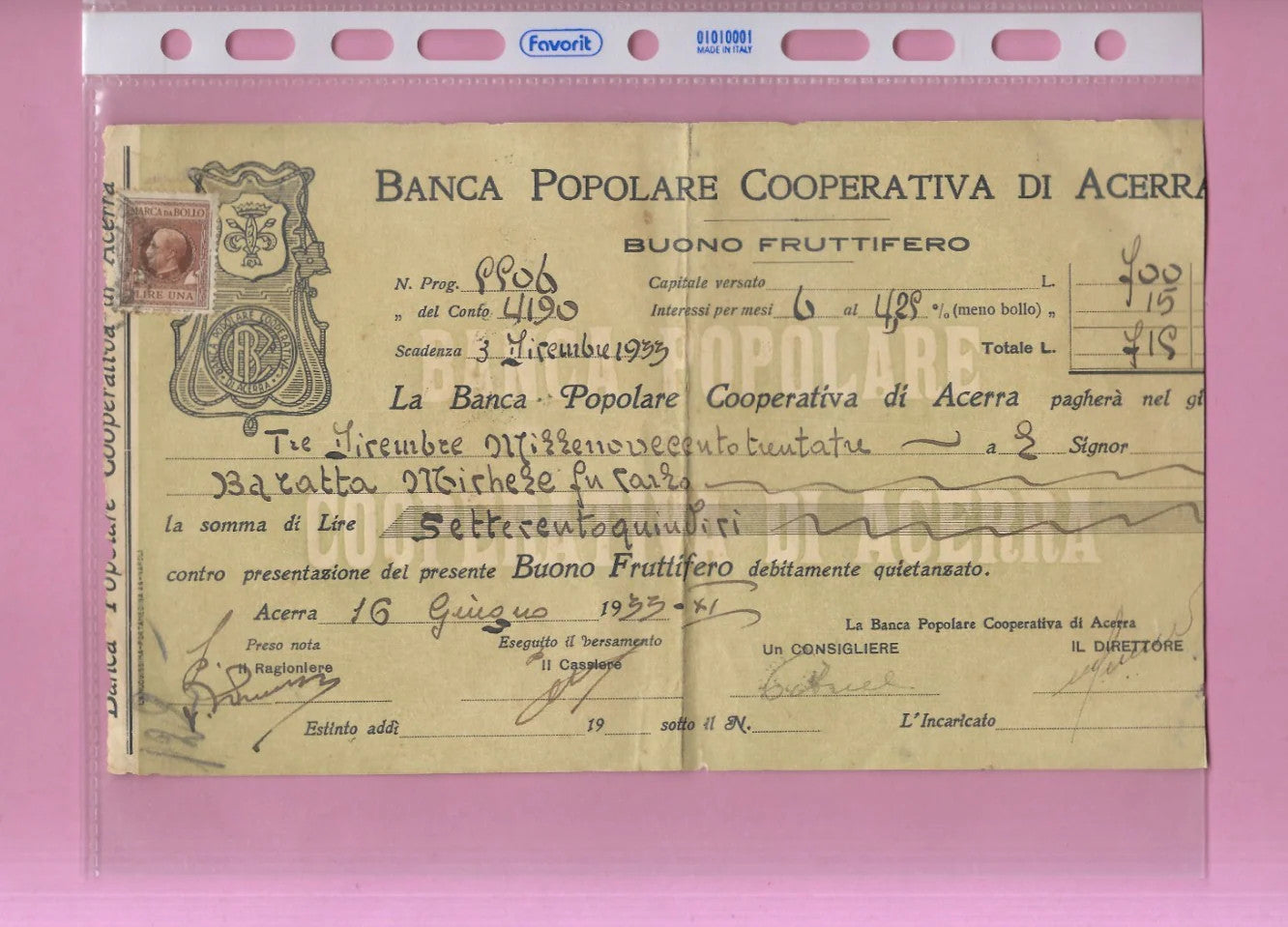 BUONO FRUTTIFERO BANCA POPOLARE COOPERATIVA DI ACERRA 1933 LIRE 715