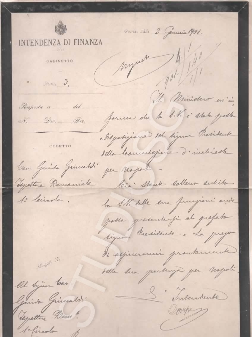 ROMA 1901 INTENDENZA DI FINANZA GABINETTO COMMISSIONE D'INCHIESTA PER NAPOLI
