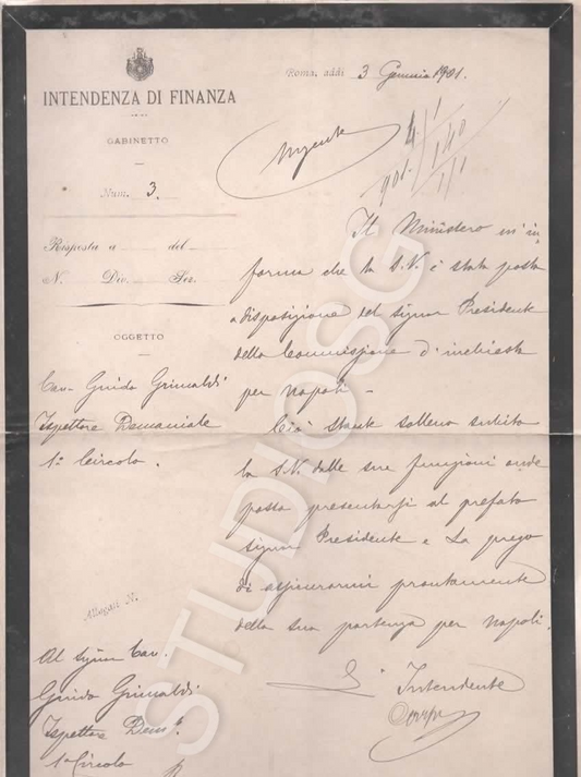 ROMA 1901 INTENDENZA DI FINANZA GABINETTO COMMISSIONE D'INCHIESTA PER NAPOLI