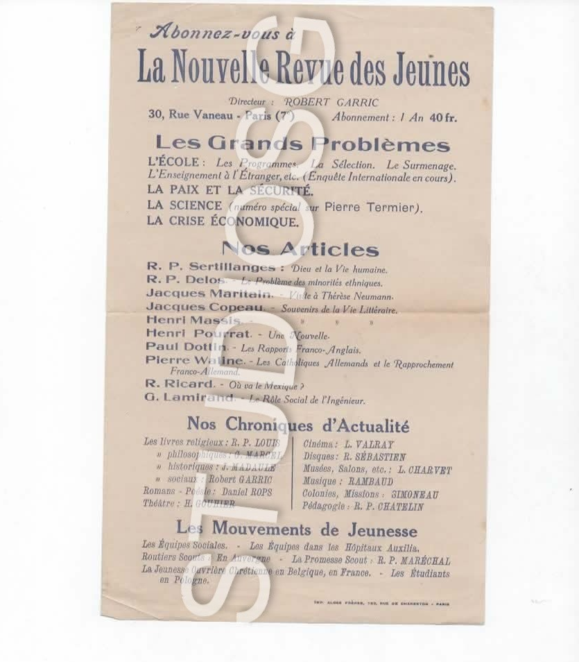 VOLANTINO PUBBLICITARIO LA NOUVELLE REVUE DES JEUNES ROBERT GARRIC 1924