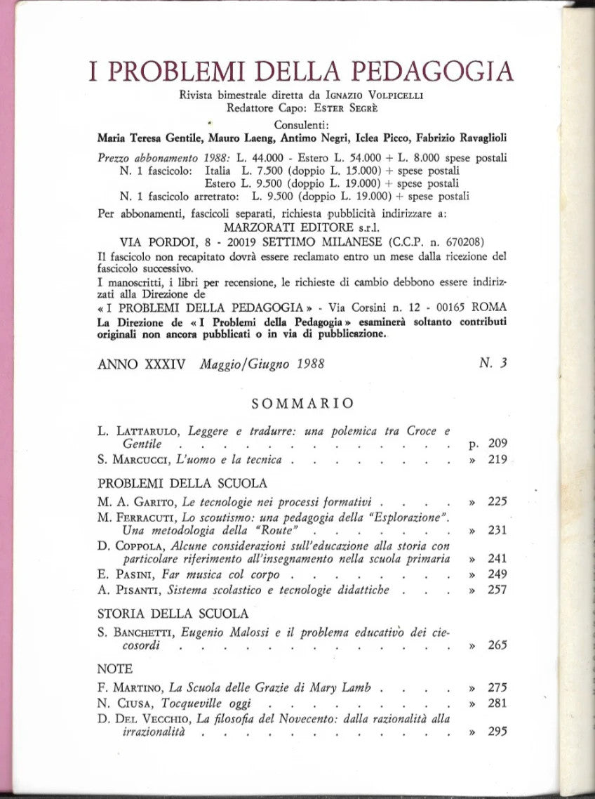 I PROBLEMI DELLA PEDAGOGIA N. 3 , 1988 LUIGI VOLPICELLI MARZORATI EDITORE
