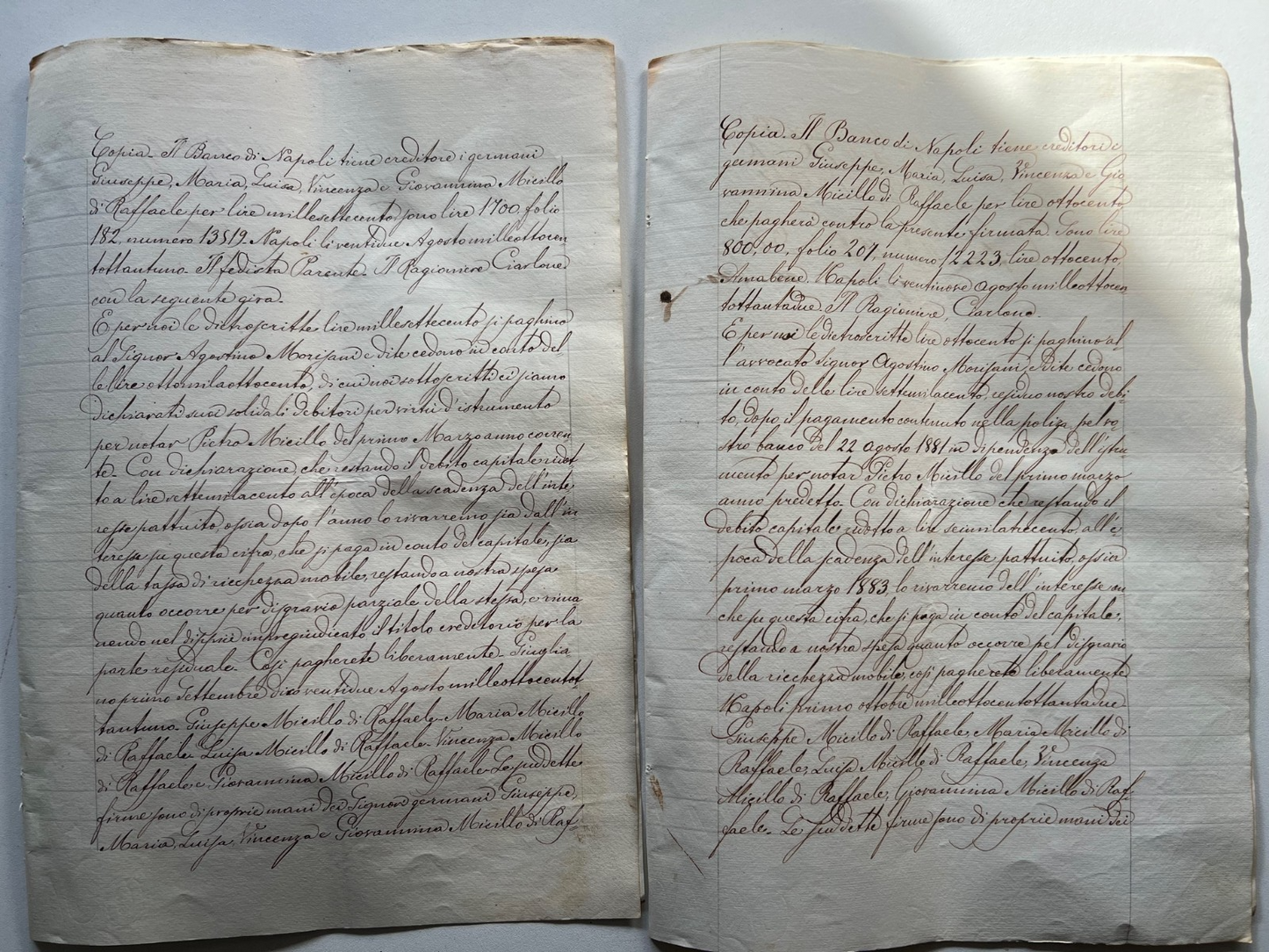 Banco di Napoli Fede di credito 1881 , 2 Manoscritti Giugliano