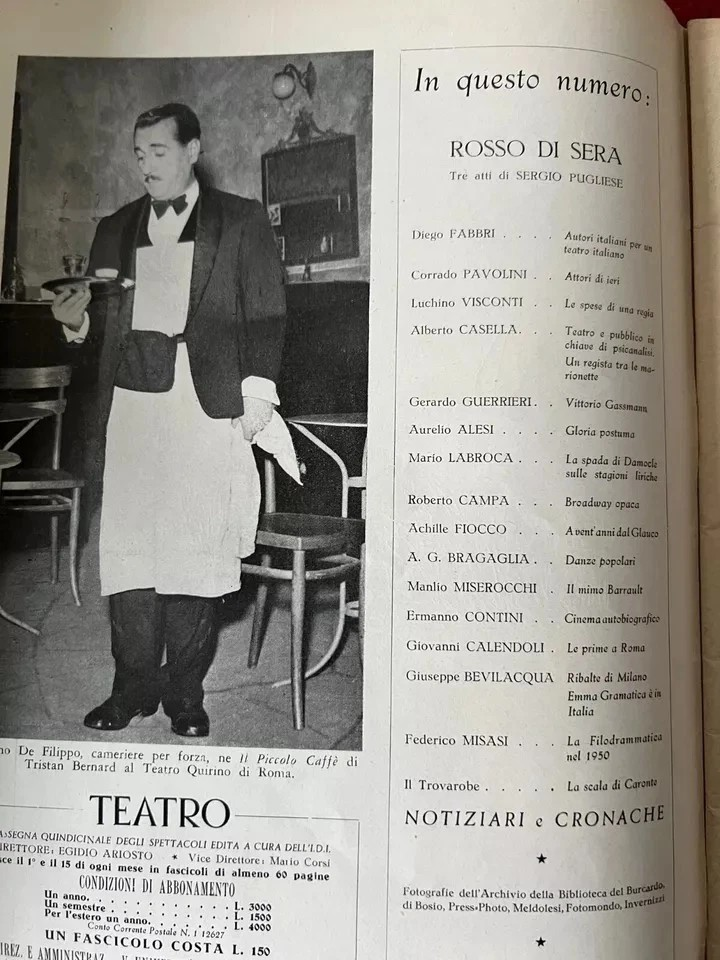 TEATRO ANNO I N° 2 1949 RASSEGNA QUINDICINALE DEGLI SPETTACOLI VISCONTI PAVOLINI
