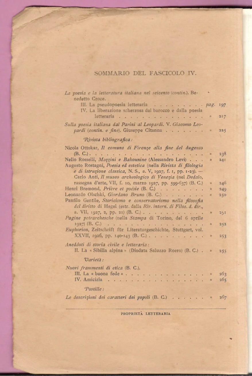 LA CRITICA BENEDETTO CROCE RIVISTA DI LETTERATURA STORIA E FILOSOFIA 1927